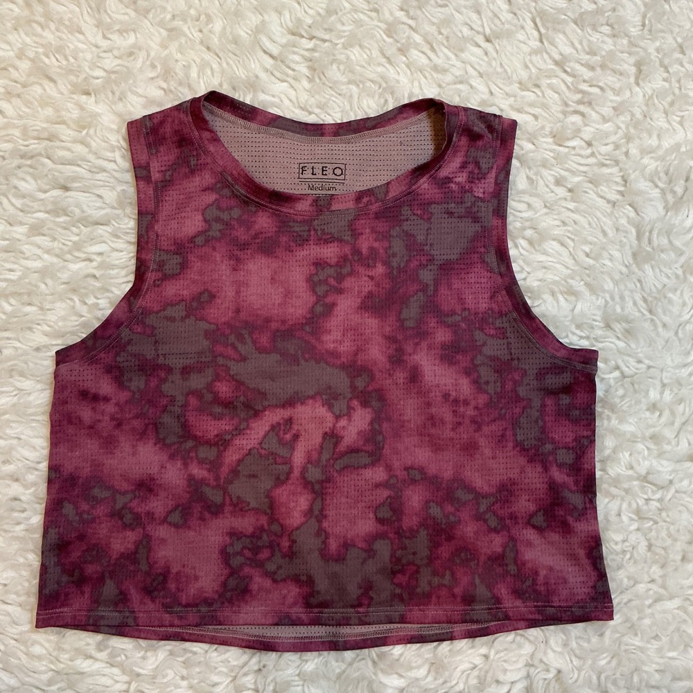 FLEO Crop Tank Top Womens Medium Plum Tie Dye Excellent‎ Perforated Mesh Active